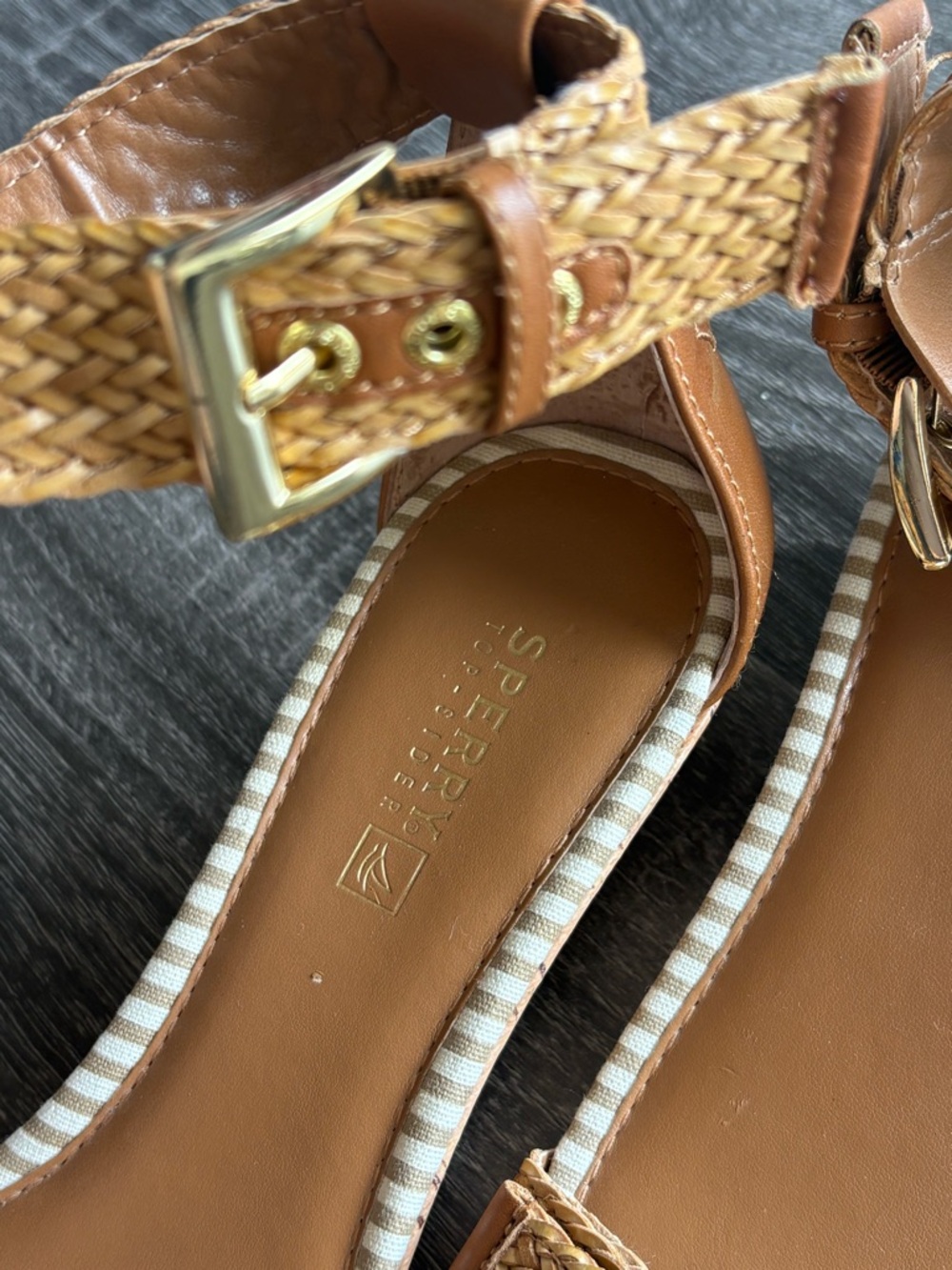 Sperry Tan Braided Ankle-Strap Sandals with Striped Toe - Picture 7 of 14